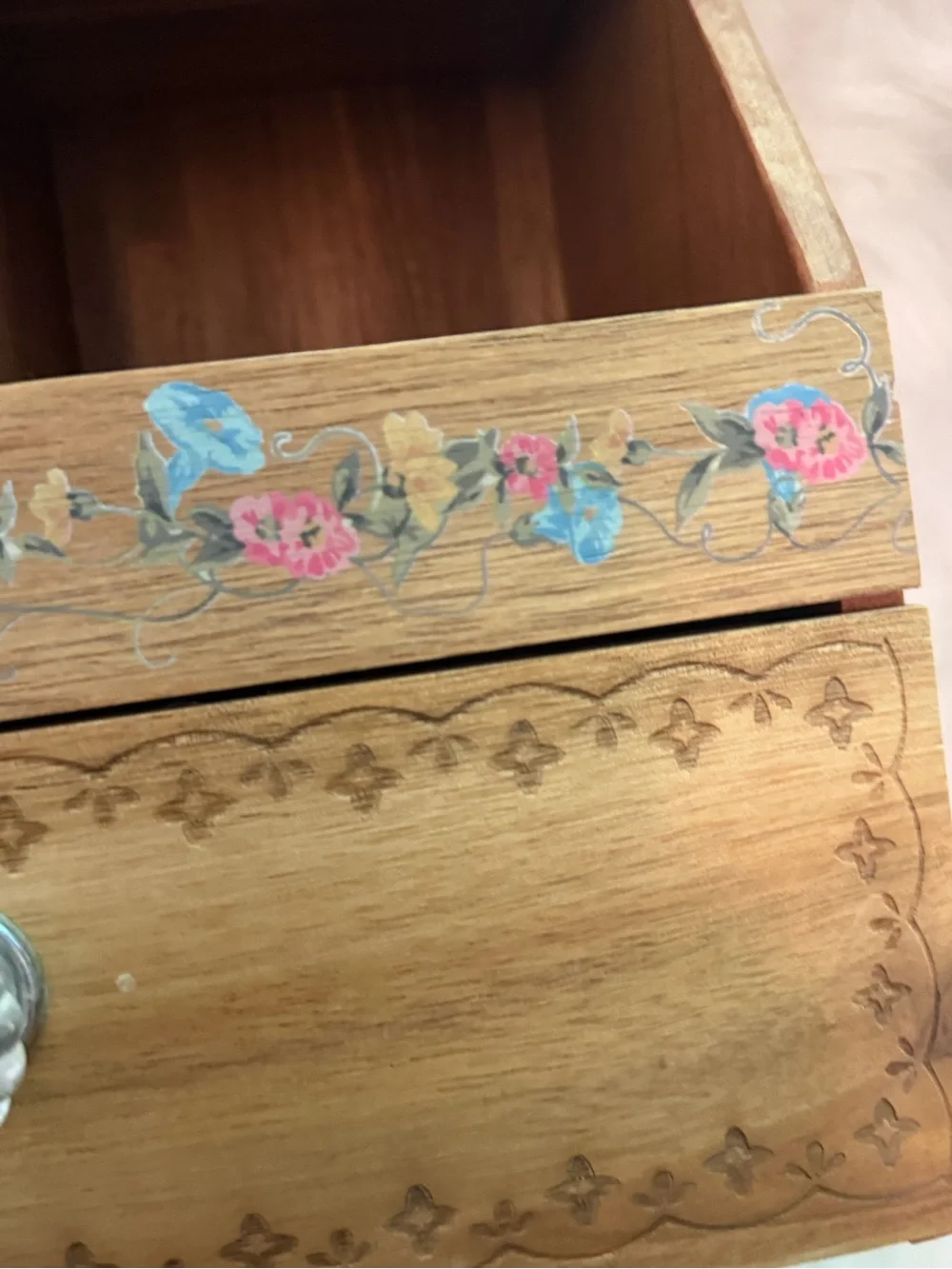 Pioneer Woman Hand-Painted Floral Wooden Storage Box - Natural Wood and Pink